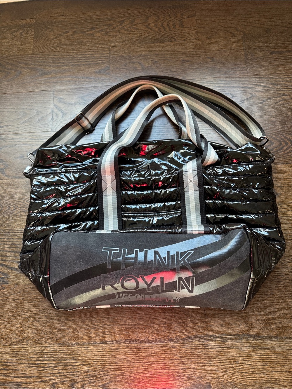 THINK ROYLN Black Quilted Tote with Striped Handles and Logo Panel